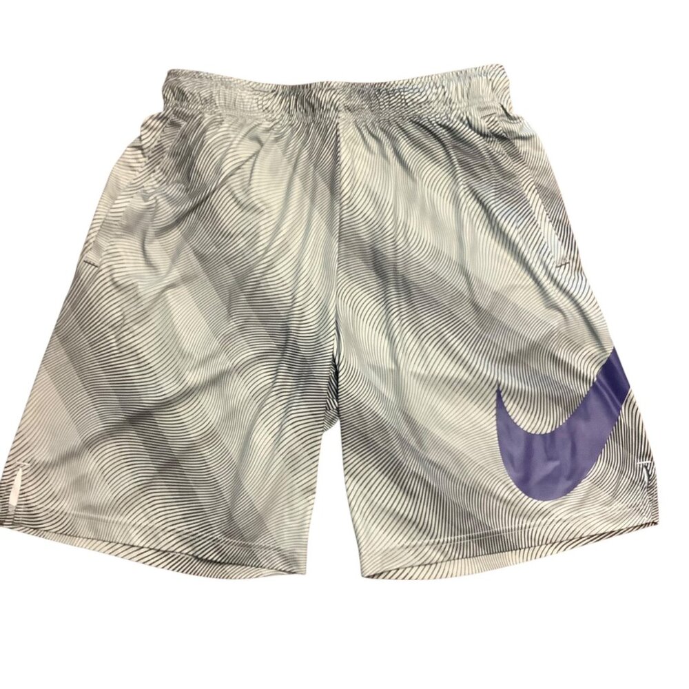 Nike Dri-FIT Men Size Large Basketball Athletic Shorts Big Purple Swoosh Striped